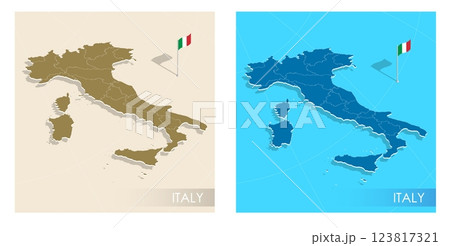 Italy country flag installed on geographic positioning map point of country territory. Italian commonwealth banner on land and sea. Festive patriotic HD format template for independence day Italy country flag installed on geographic positioning map point of country territory. Italian commonwealth banner on land and sea. Festive patriotic HD format template for independence day 123817321