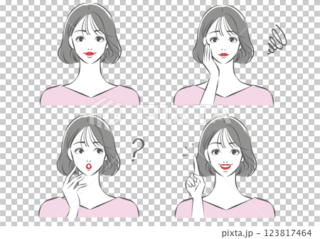 留著黑色鮑伯髮型的女人的臉部表情插圖集 123817464