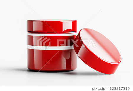 Red cosmetic jar with open lid on white background, reflecting light. ai generative 123817510