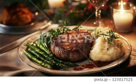 juicy steak dinner with mashed potatoes and asparagus on festive table. ai generative juicy steak dinner with mashed potatoes and asparagus on festive table. ai generative 123817525