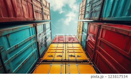 Colorful shipping containers stacked high against cloudy sky. ai generative Colorful shipping containers stacked high against cloudy sky. ai generative 123817534