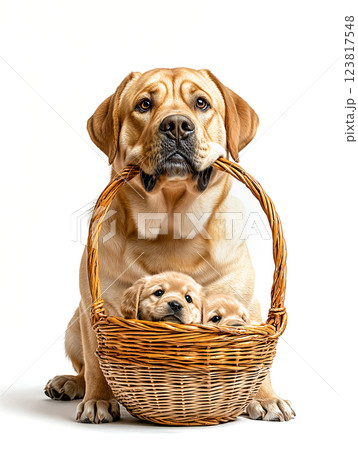 mother dog holds basket with two puppies inside, showcasing tender moment. ai generative 123817548