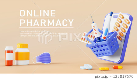 Online pharmacy 3d banner. Drugstore in mobile app and drug delivery service concept. Render cartoon smartphone with cart of medicines, pill bottles, mask, syringe and thermometer. 3D illustration 123817570