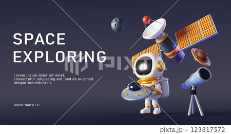 3d space exploring banner. Cartoon render of astronaut in spacesuit holding toy ufo alien spaceship with telescope for observation planets, moon and flying satellite on dark night sky. 3D illustration 123817572