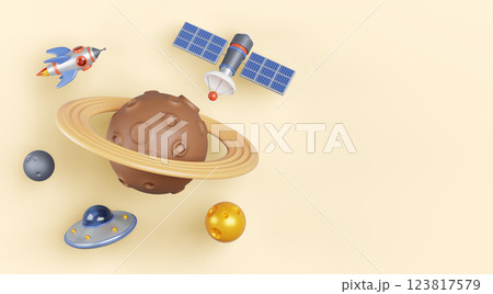 3d space galaxy background with planets, rocket, ufo alien spaceship, artificial earth satellite. Universe cartoon solar system with saturn, sun and moon, cosmic objects flying in sky. 3D illustration 123817579