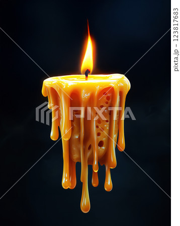 melting candle with vibrant wax drips and bright flame against dark background. ai generative 123817683
