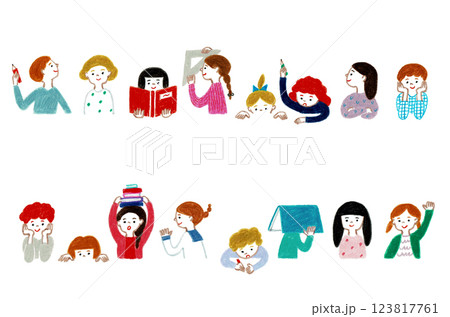 手描きイラスト　テーブルに並んで座る子供たち 123817761