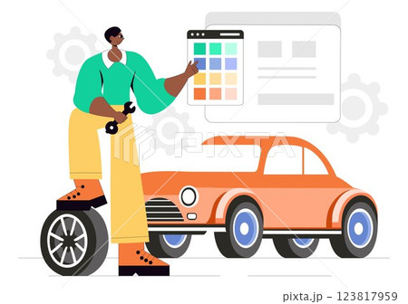 Car Customization and Modifications Vector Illustration featuring a Tuned Automobile with Upgraded Wheels, Nitrous Systems, and Body Kit Enhancements 123817959