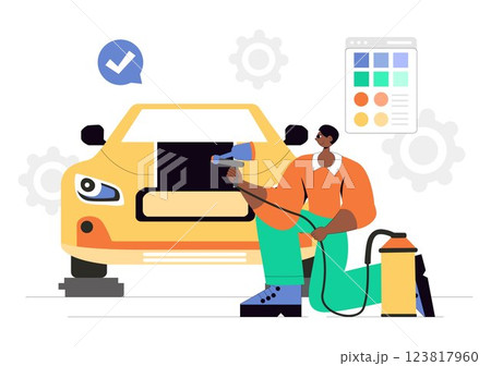 Car Customization and Modifications Vector Illustration featuring a Tuned Automobile with Upgraded Wheels, Nitrous Systems, and Body Kit Enhancements 123817960