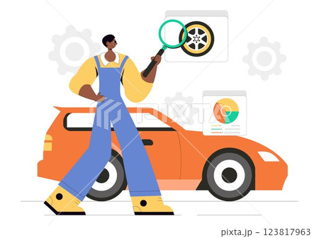 Car Customization and Modifications Vector Illustration featuring a Tuned Automobile with Upgraded Wheels, Nitrous Systems, and Body Kit Enhancements 123817963
