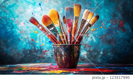 Paintbrushes in colorful bucket with vibrant splashes of paint. ai generative 123817990