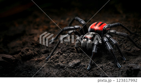 Redback spider on dark soil, showcasing its vivid red markings. ai generative 123817992