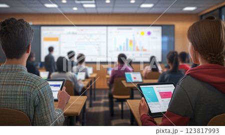 Students use tablets in modern classroom setting for learning ai generative Students use tablets in modern classroom setting for learning ai generative 123817993