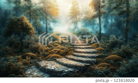 Stone stairs lead through misty forest at sunrise. ai generative 123818020