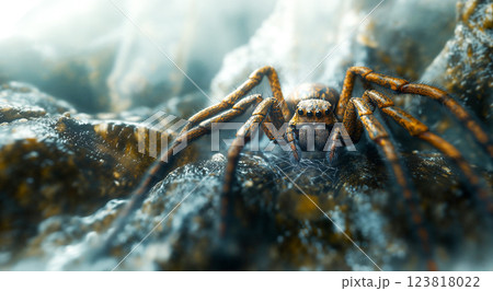 Close up of spider weaving its intricate web on rock ai generative 123818022