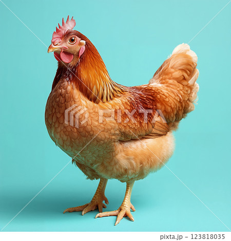Hen on pastel background, standing confidently. ai generative 123818035