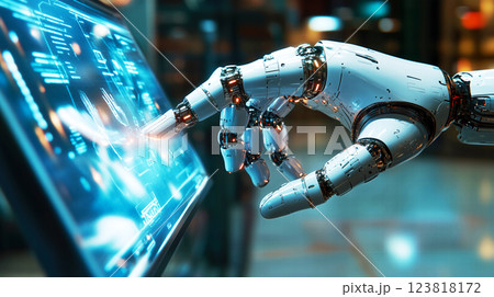 Robotic hand interacts with digital screen in futuristic setting. ai generative 123818172