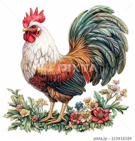 Colorful rooster in folk art style with vibrant feathers and flowers. ai generative 123818184