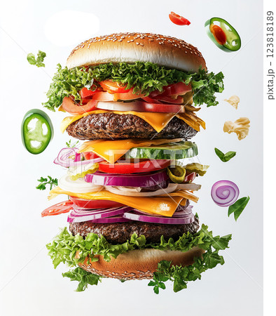 towering burger with floating ingredients creates dynamic visual. ai generative towering burger with floating ingredients creates dynamic visual. ai generative 123818189