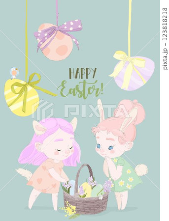 Happy Easter Greeting Card with Cute Girls and Easter Eggs 123818218