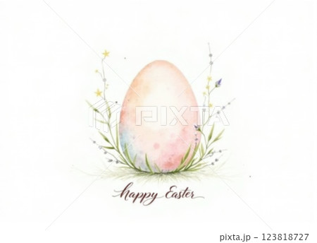 Minimalistic style easter card with a single egg elegantly drawn in the center on white background 123818727
