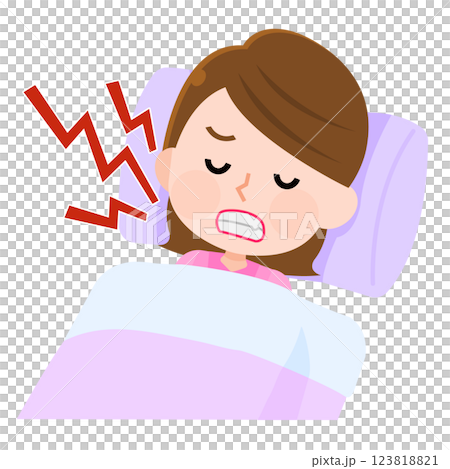 睡眠中に歯ぎしりする女性　イラスト 123818821