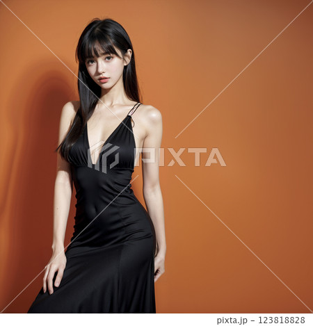 黒いドレスを着た黒髪の女性のポートレート 123818828