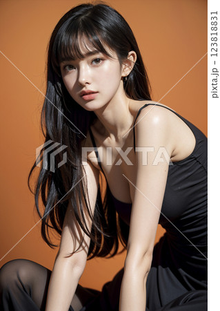 黒いドレスを着た黒髪の女性のポートレート 黒いドレスを着た黒髪の女性のポートレート 123818831