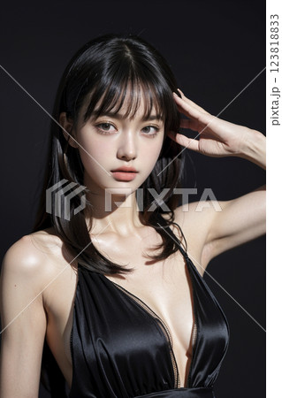 黒いドレスを着た黒髪の女性のポートレート 123818833