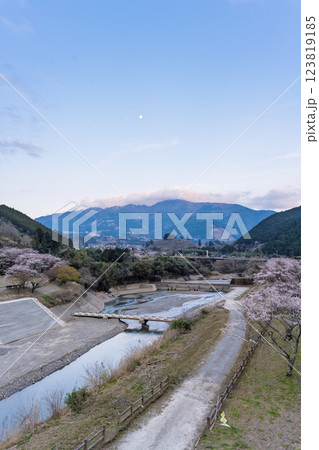 周辺風景　桜の花が咲く季節に映える水輝橋　汗の原　親水公園　 　(熊本県球磨郡水上村湯山) 123819185