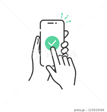 手に持ったスマホとチェックマーク完了のベクターアイコン(線画・フラット) 123819394