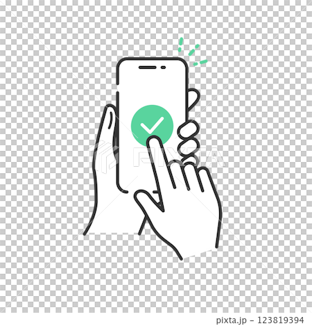Vector icon of a smartphone in hand and a check mark completed (line drawing, flat) 123819394