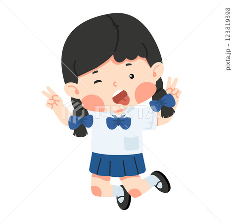 Girl is jumping and making a funny face 123819398