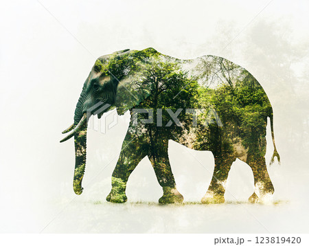 Nature Double Exposure effect of elephant walking and green jungle. wildlife and forest conservation concept. AI Generated. 123819420