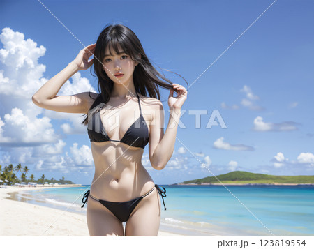 真夏にビーチでビキニの若い女性のポートレート撮影 123819554