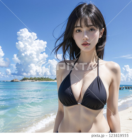 真夏にビーチでビキニの若い女性のポートレート撮影 真夏にビーチでビキニの若い女性のポートレート撮影 123819555