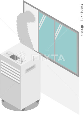アイソメトリックなダクトのついたパネルを窓に設置した移動式クーラーイメージ素材 123819563