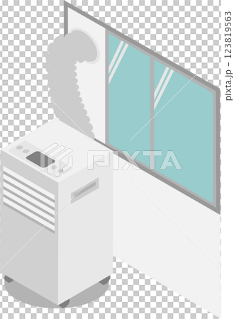 アイソメトリックなダクトのついたパネルを窓に設置した移動式クーラーイメージ素材 123819563