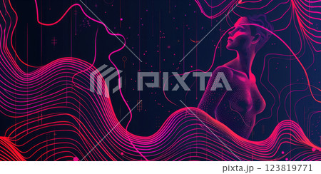 Futuristic digital art of a female figure with abstract neon waves. 123819771