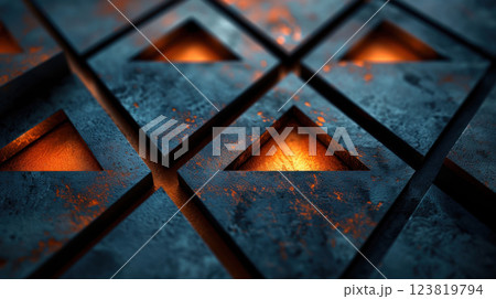 Abstract dark textured metal surface with glowing orange geometric triangles and futuristic sci-fi style Abstract dark textured metal surface with glowing orange geometric triangles and futuristic sci-fi style 123819794