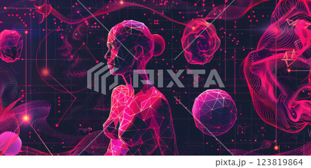 Neon Wireframe Human and Abstract Science Concept 123819864