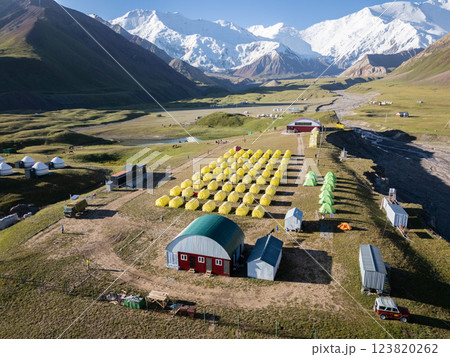 Aerial view on high altitude campsite located in alpine valley, Pamir Mountains, Kyrgyzstan 123820262