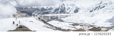Beautiful alpine aerial panorama of glacial landscape shot at the mountain summit, Pamir, Kyrgyzstan 123820283
