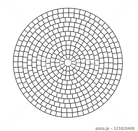 Paved circle pattern tile. Circular brick mosaic. Round radial stone pavement. Paving tile simple floor texture. Black line. Vector illustration isolated on white background Paved circle pattern tile. Circular brick mosaic. Round radial stone pavement. Paving tile simple floor texture. Black line. Vector illustration isolated on white background 123820488