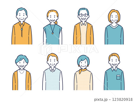 正面を向いて笑う高齢者のイラストセット 123820918