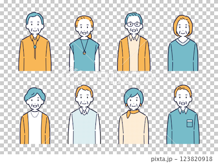 正面を向いて笑う高齢者のイラストセット 123820918