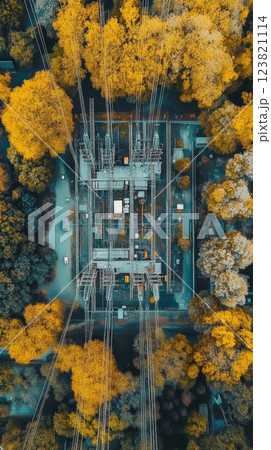 Aerial View of Power Station Surrounded by Fall Foliage. 123821114