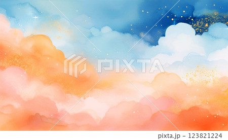 水彩画、青とオレンジ色の雲のイラスト背景 123821224