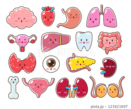 Collection of human internal organs with cartoon face style . Editable stroke . Vector . 123821697