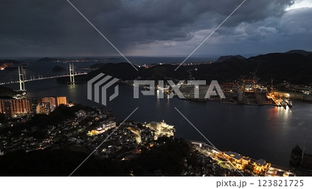 【空から見る長崎・夜景】 ながさき女神大橋と修船所 Nagasaki Port 【空から見る長崎・夜景】 ながさき女神大橋と修船所 Nagasaki Port 123821725